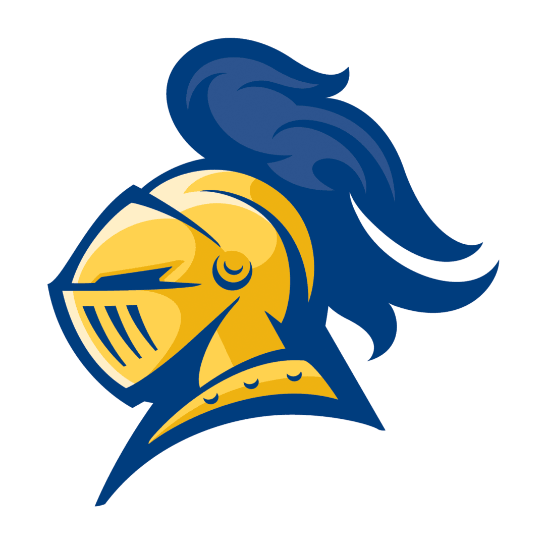 Golden knight helmet with blue plume.